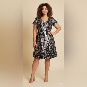 Lane Bryant Floral Foil Fit Flare Knee Length Dress 26/28 Elegant Sophisticated